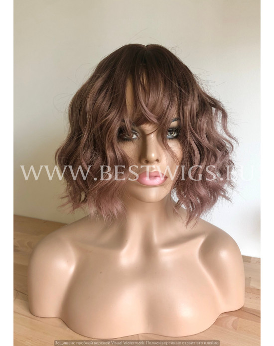 Synthetic Machine-made wig short Rooted brown