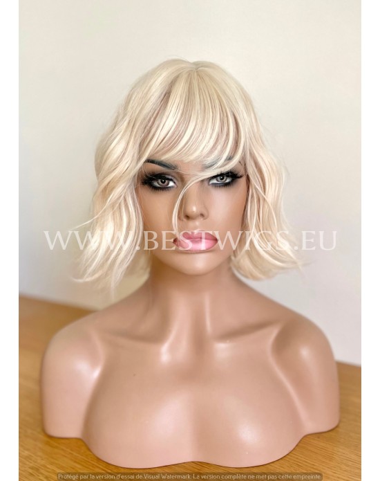 Synthetic Platinum Wig With Bangs Silk Top
