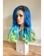 Synthetic lace front wig Wavy Blue Green long hair