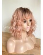 Peach Rooted Wavy Synthetic Lace Front Wig With Bangs