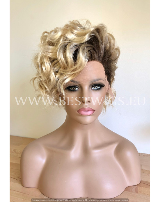 Synthetic lace front wig Curly Blond Short hair dark roots / Double volume
