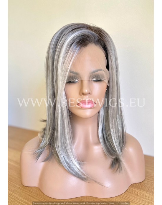 Rooted Steel Shade Straight Synthetic Lace Front Wig