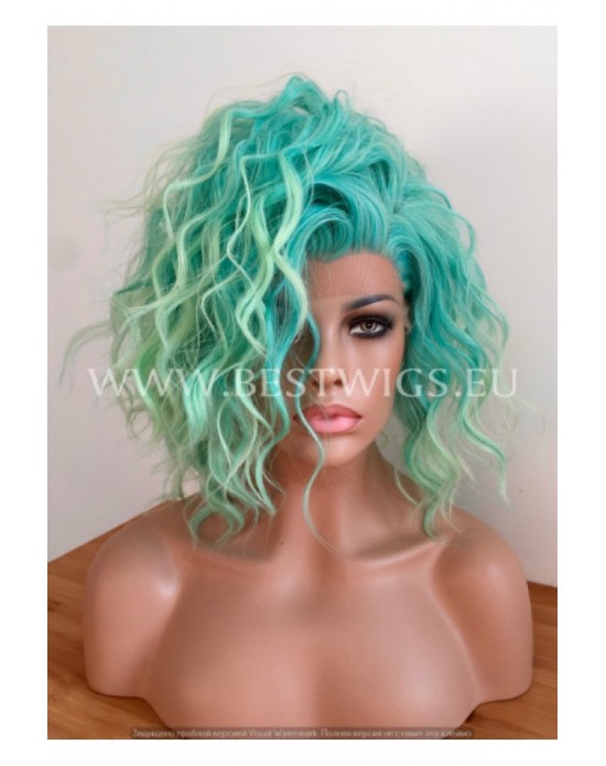 Synthetic lace front wig Curly Light green hair