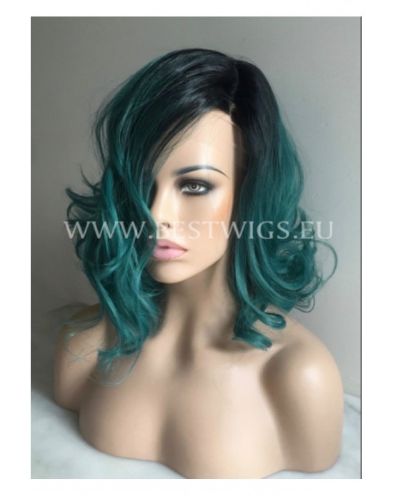 Synthetic laсe front wig Wavy green medium hair (dark roots)