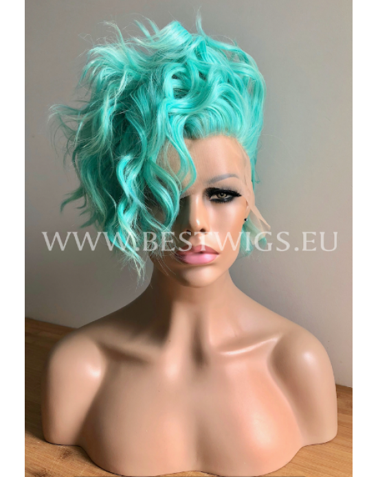 Synthetic lace front wig Wavy Aqua Green short hair
