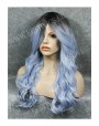 Synthetic Machine made wig Wavy blue long hair with dark roots