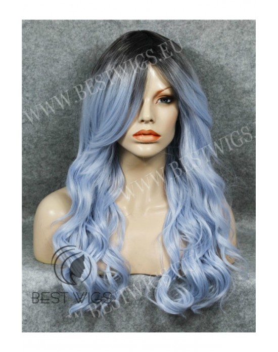 Synthetic Machine made wig Wavy blue long hair with dark roots