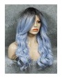 Synthetic Machine made wig Wavy blue long hair with dark roots