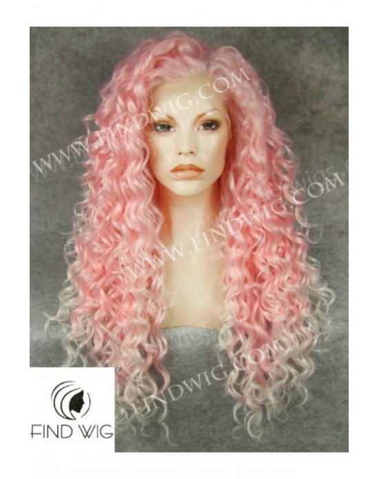 Synthetic lace front wig Curly pink long hair
