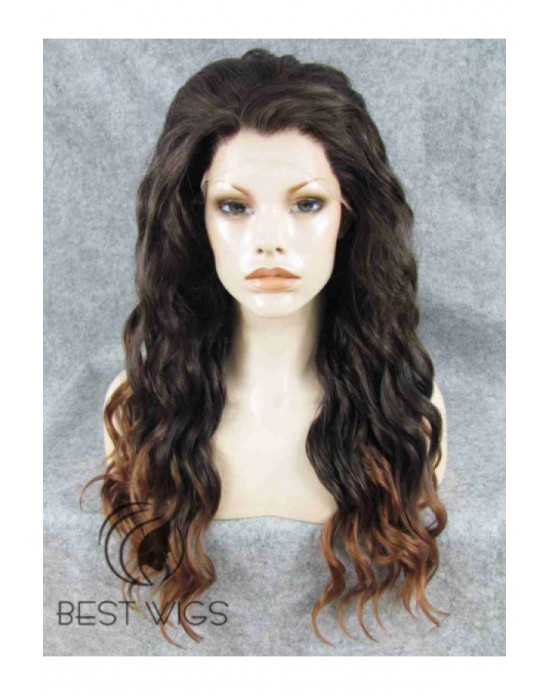 Synthetic lace front wig Wavy chestnut long hair dark roots