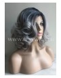Synthetic lace front wig Wavy grey medium hair with dark roots