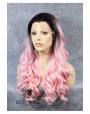 Synthetic lace front wig Wavy rose long hair with dark roots