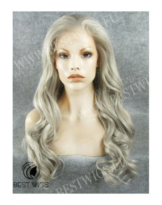 Synthetic lace front wig Wavy grey long hair