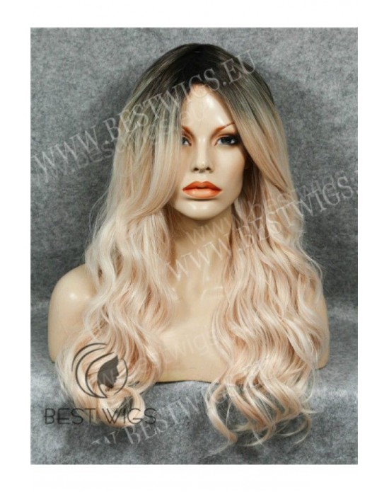 Synthetic Machine made wig Wavy blond long hair with dark roots